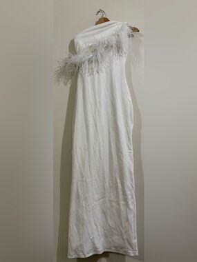Johansen One-Shoulder White Feather-Trim Maxi Dress
